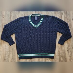Vintage John Blair Varsity Cable Knit V-Neck Sweater Mens 2XL Blue, relaxed fit.